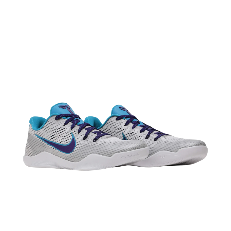 Nike Kobe 11 Low Draft Day Basketball Shoes with white, blue lagoon, and court purple accents