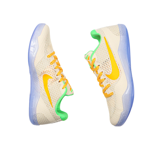 Nike Kobe 11 EM Low Peach Jam Basketball Shoes with white, yellow, and green accents and translucent blue outsole