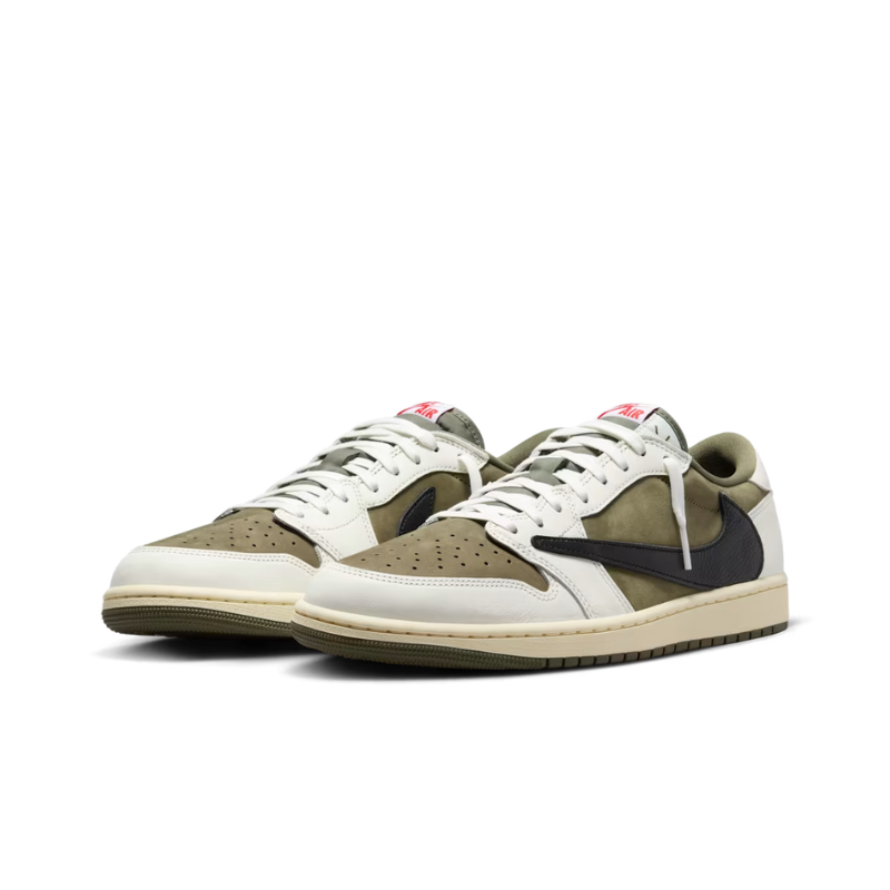 Nike Travis Scott x Air Jordan 1 Low OG SP "Reverse Olive" Sneakers with Reverse Swoosh and University Red Details
