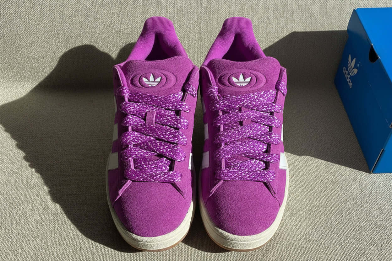 Adidas Campus 00s Women’s Sneakers in bold Purple Burst color with suede upper and unique lacing design.