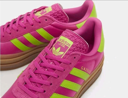 Adidas Gazelle Bold Platform Sneakers – Pink/Lime Green – Gum Sole Originals in Lucid Fuchsia