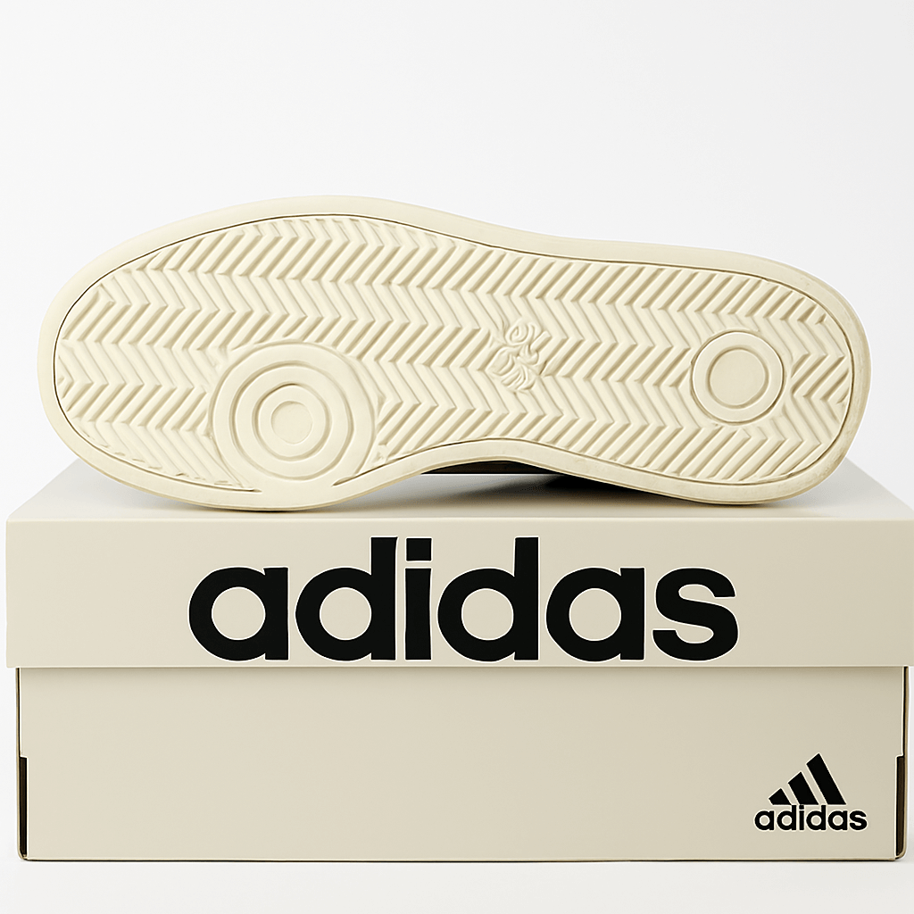 Adidas Grand Court Alpha 00s Men's Tennis Sneakers outsole on top of Adidas shoebox.
