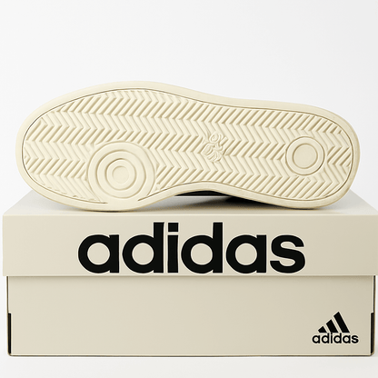Adidas Grand Court Alpha 00s Men's Tennis Sneakers outsole on top of Adidas shoebox.