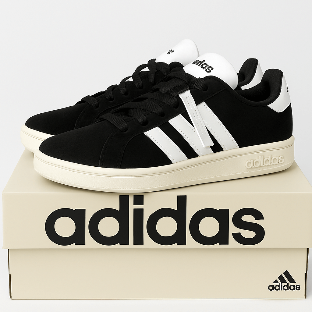 Adidas Grand Court Alpha 00s Men's Tennis Sneakers in black and white, stylishly displayed on Adidas shoebox.