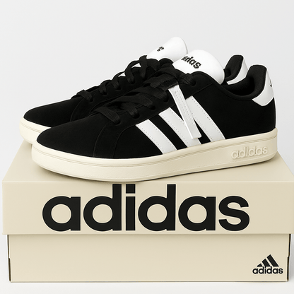 Adidas Grand Court Alpha 00s Men's Tennis Sneakers in black and white, stylishly displayed on Adidas shoebox.