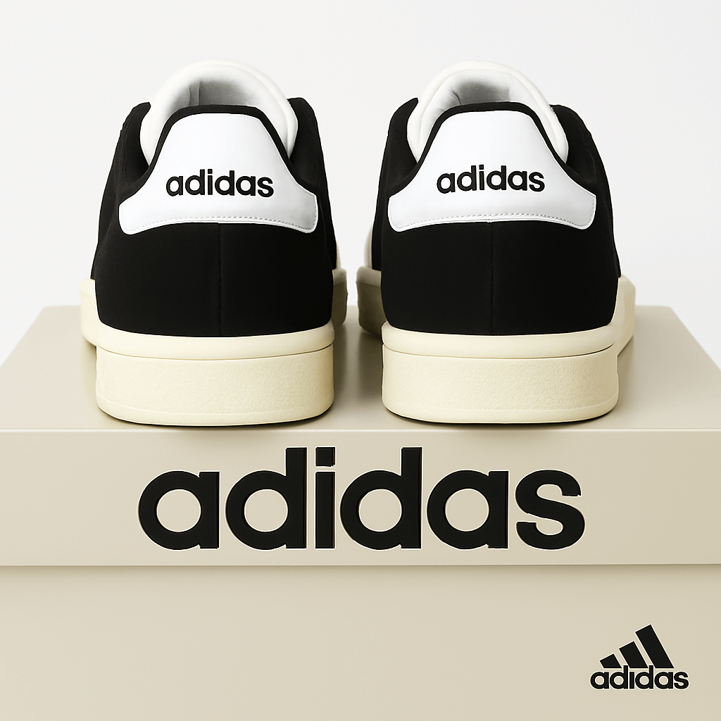 Adidas Grand Court Alpha 00s Men's Tennis Sneakers – Black/White rear view on a beige Adidas shoebox.