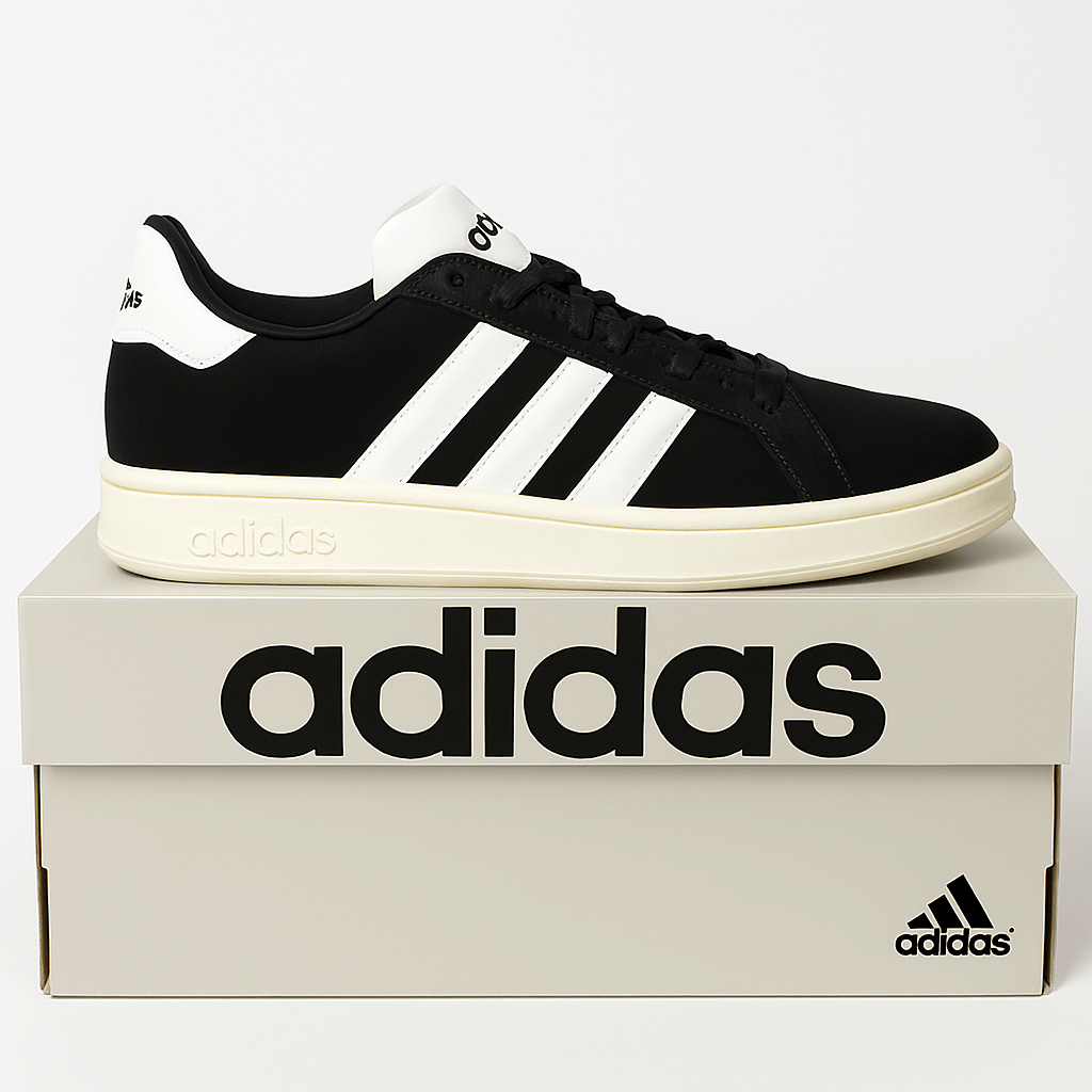 Adidas Grand Court Alpha 00s Men's Tennis Sneakers in black and white on an Adidas shoebox.