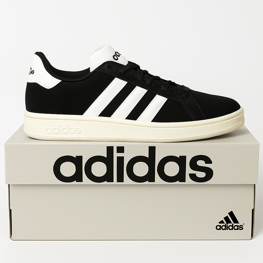 Adidas Grand Court Alpha 00s Men's Tennis Sneakers in black and white on an Adidas shoebox.