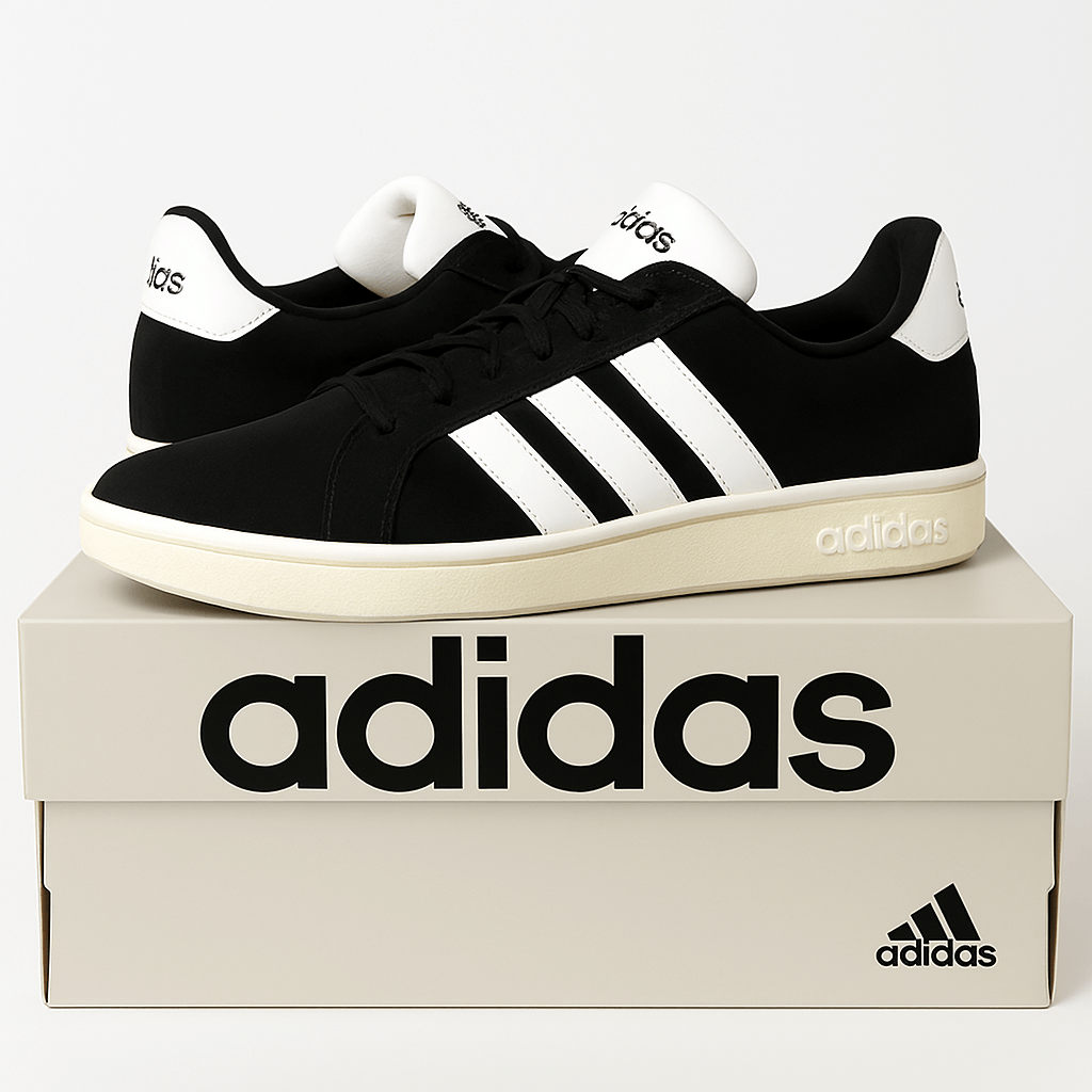 Adidas Grand Court Alpha 00s Men's Tennis Sneakers on a box, featuring a black upper and white Adidas detailing.