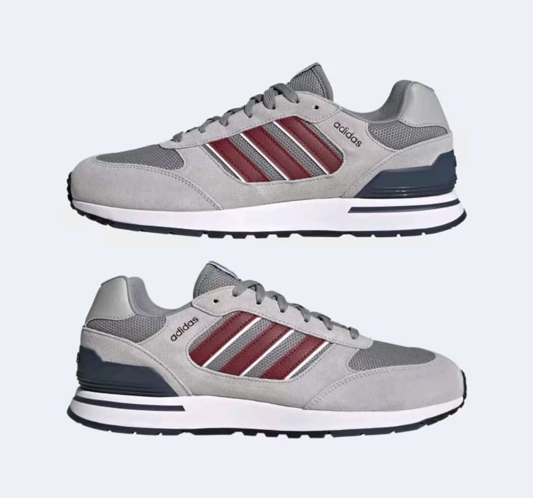 Adidas Run 80s men shoes – Retro Running Sneakers in Grey Three with Shadow Red and Shadow Navy accents.