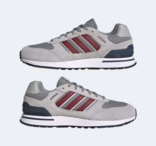 Adidas Run 80s men shoes – Retro Running Sneakers in Grey Three with Shadow Red and Shadow Navy accents.