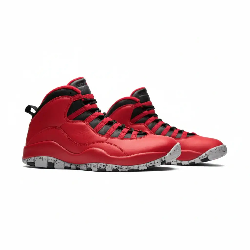 Air Jordan 10 “Bulls Over Broadway” – Gym Red/Black/Wolf Grey | AJ10 showcasing bold red leather design and speckled outsole.
