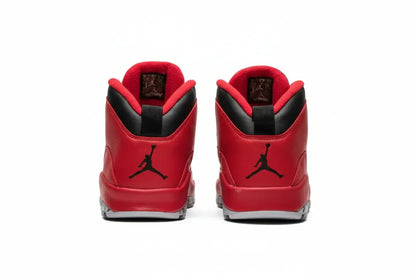 Air Jordan 10 “Bulls Over Broadway” – Gym Red/Black/Wolf Grey | AJ10 rear view with red leather and black accents.
