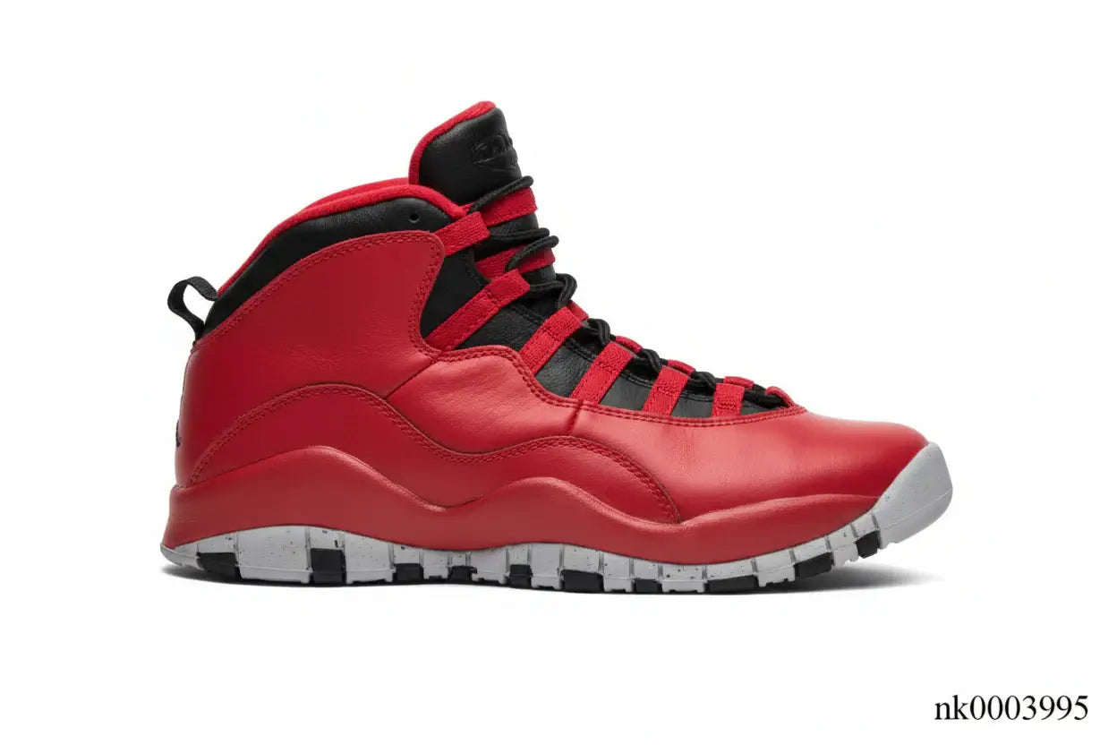 Air Jordan 10 “Bulls Over Broadway” – Gym Red/Black/Wolf Grey | AJ10 side view with red leather and black accents