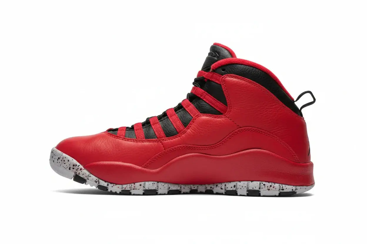 Air Jordan 10 “Bulls Over Broadway” – Gym Red/Black/Wolf Grey | AJ10 side view with premium red leather and speckled outsole