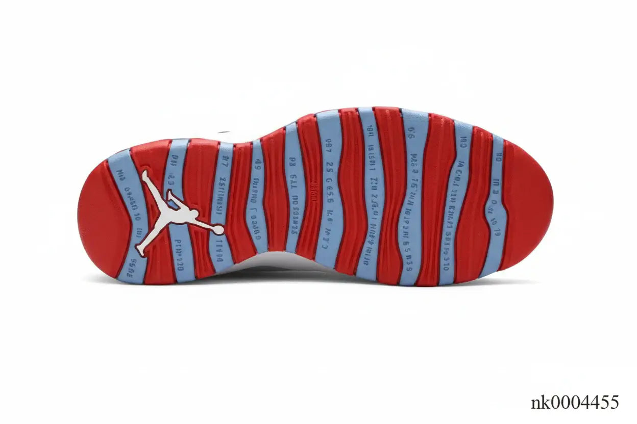 Air Jordan 10 Chicago Flag Sneakers– AJ10 Retro City Pack sole view with red, blue, and white color scheme.