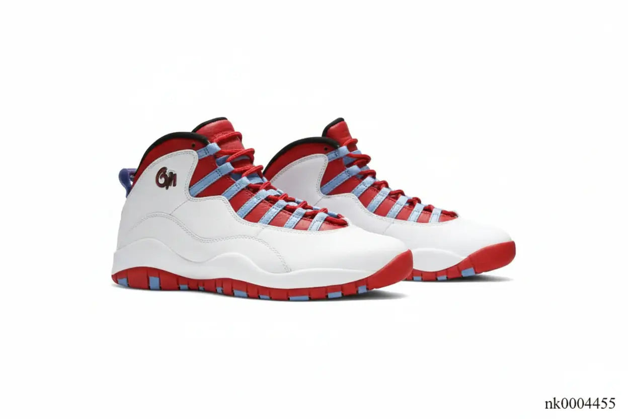 Air Jordan 10 Chicago Flag Sneakers– AJ10 Retro City Pack showcasing white leather and colorful accents.