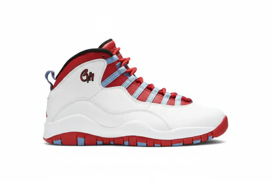 Air Jordan 10 Chicago Flag Sneakers– AJ10 Retro City Pack showcasing white, University Blue, and Bright Crimson design.