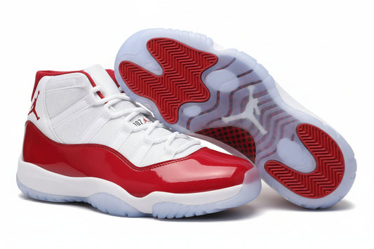 Air Jordan 11 “Win Like ’96” sneakers with red patent leather and icy soles, showcasing iconic basketball style.
