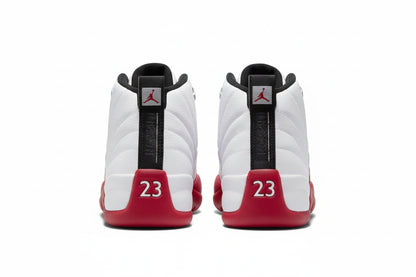 Air Jordan 12 “Cherry” Sneakers in White/Black/Varsity Red, rear view showcasing the iconic design and number 23.