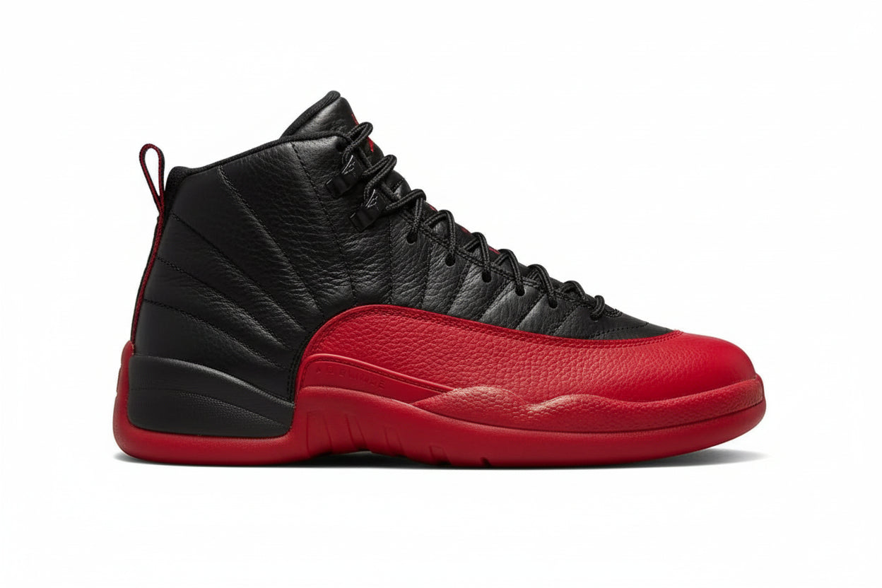 Air Jordan 12 “Flu Game” – Black/Varsity Red | AJ12 Retro sneaker side view showcasing black and red design.