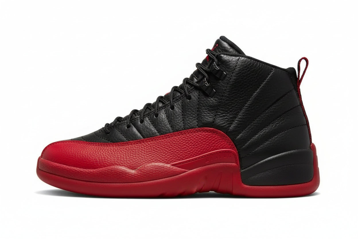 Air Jordan 12 “Flu Game” – Black/Varsity Red | AJ12 Retro side view showcasing premium materials and classic design.