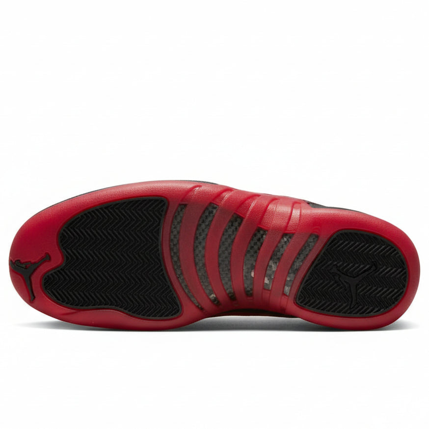Air Jordan 12 “Flu Game” – Black/Varsity Red | AJ12 Retro shoe sole featuring red and black design.