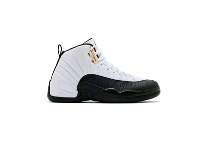 Air Jordan 12 “Taxi” sneakers featuring a white and black colorway with gold accents.