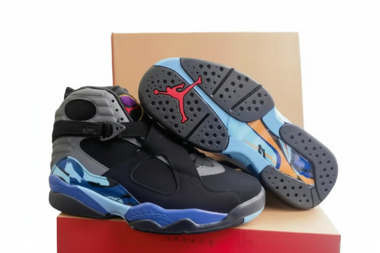 Air Jordan 8 Aqua 2025– Black/Aqua/Concord | AJ8 Retro sneakers showcasing vibrant design and iconic style.