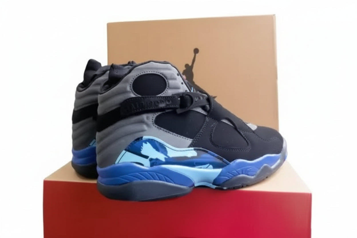 Air Jordan 8 Aqua 2025– Black/Aqua/Concord | AJ8 Retro shoes side view with shoe box