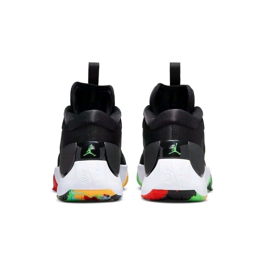 Air Jordan Zoom Separate “Black Multicolor” Basketball Shoes featuring bold accents on the heel view.