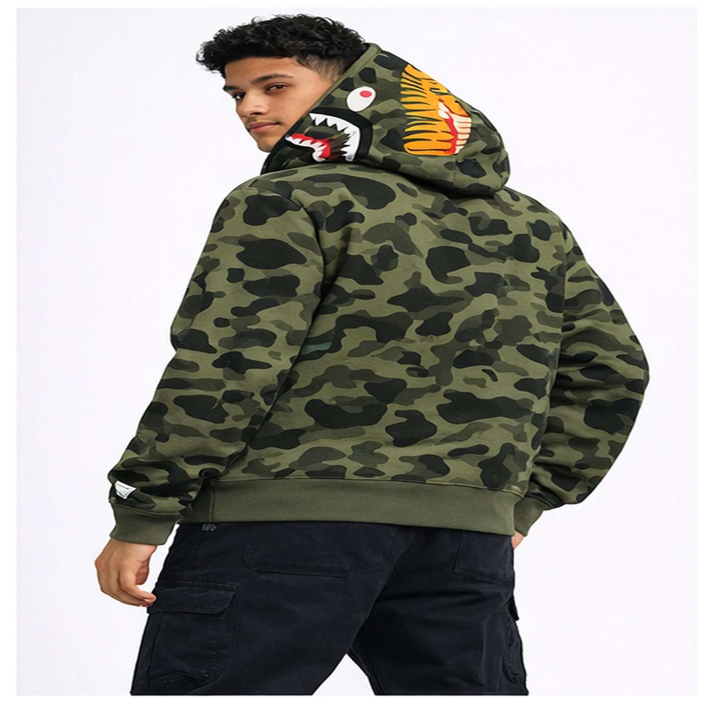 BAPE Shark Hoodie Collection – Camo Full Zip Double Hood Streetwear shown on model, featuring distinctive camo and shark design.