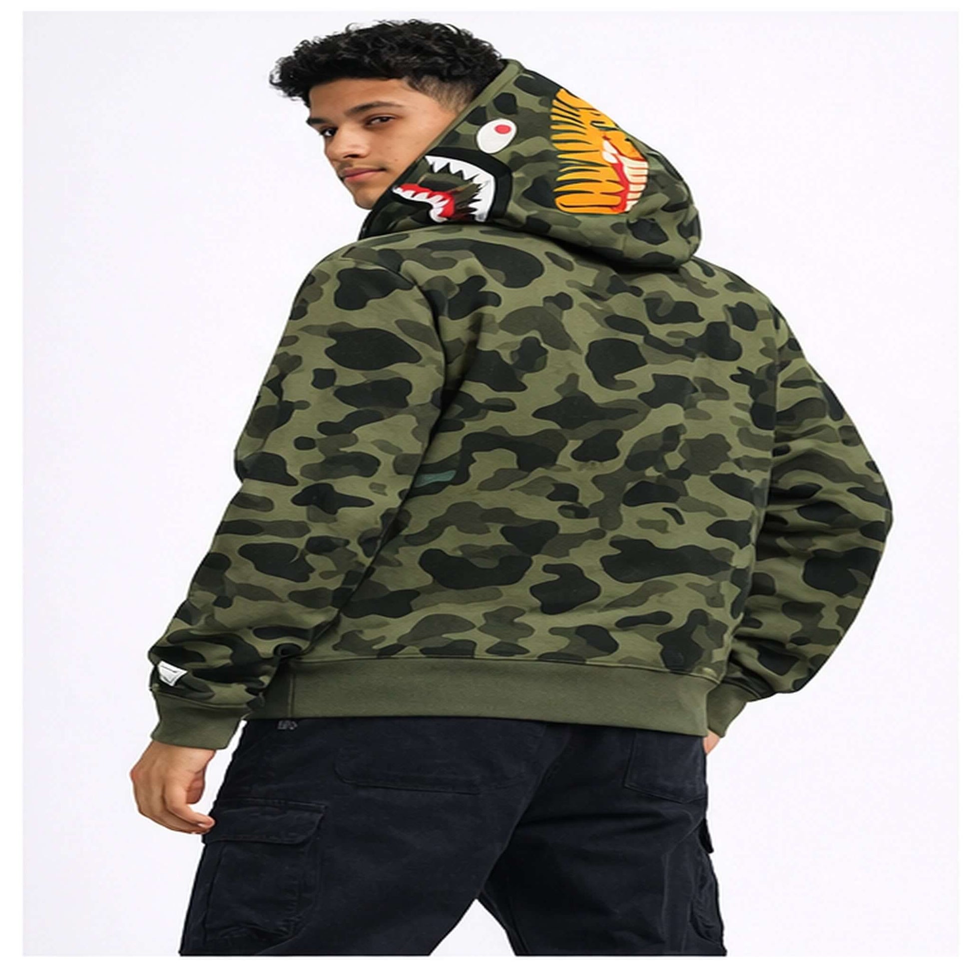 BAPE Shark Hoodie Collection – Camo Full Zip Double Hood Streetwear shown on model, featuring distinctive camo and shark design.