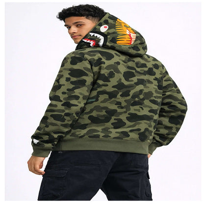 BAPE Shark Hoodie Collection – Camo Full Zip Double Hood Streetwear shown on model, featuring distinctive camo and shark design.