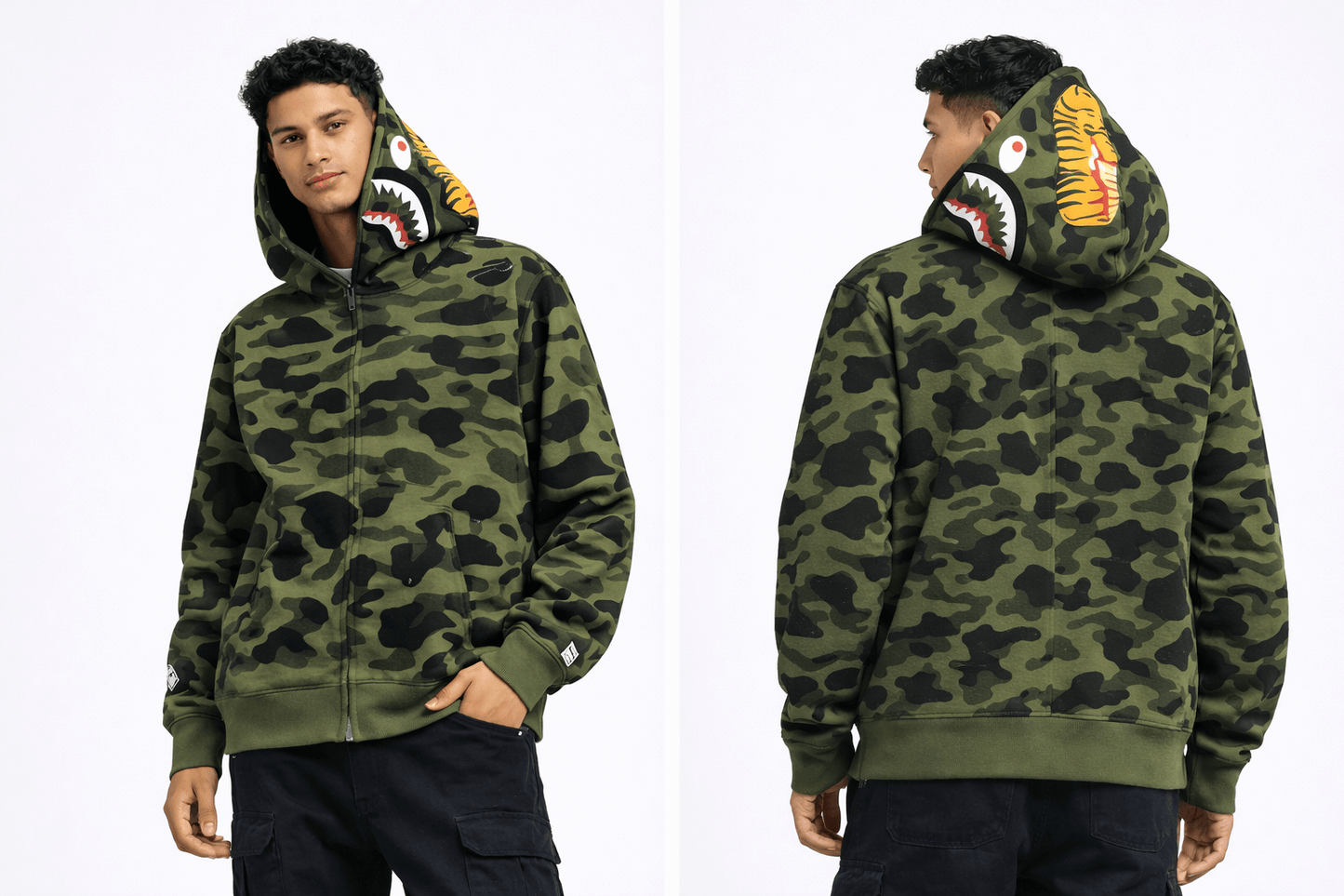 BAPE Shark Hoodie Collection – Camo Full Zip Double Hood Streetwear featuring a model wearing a bold camo hoodie with shark details.