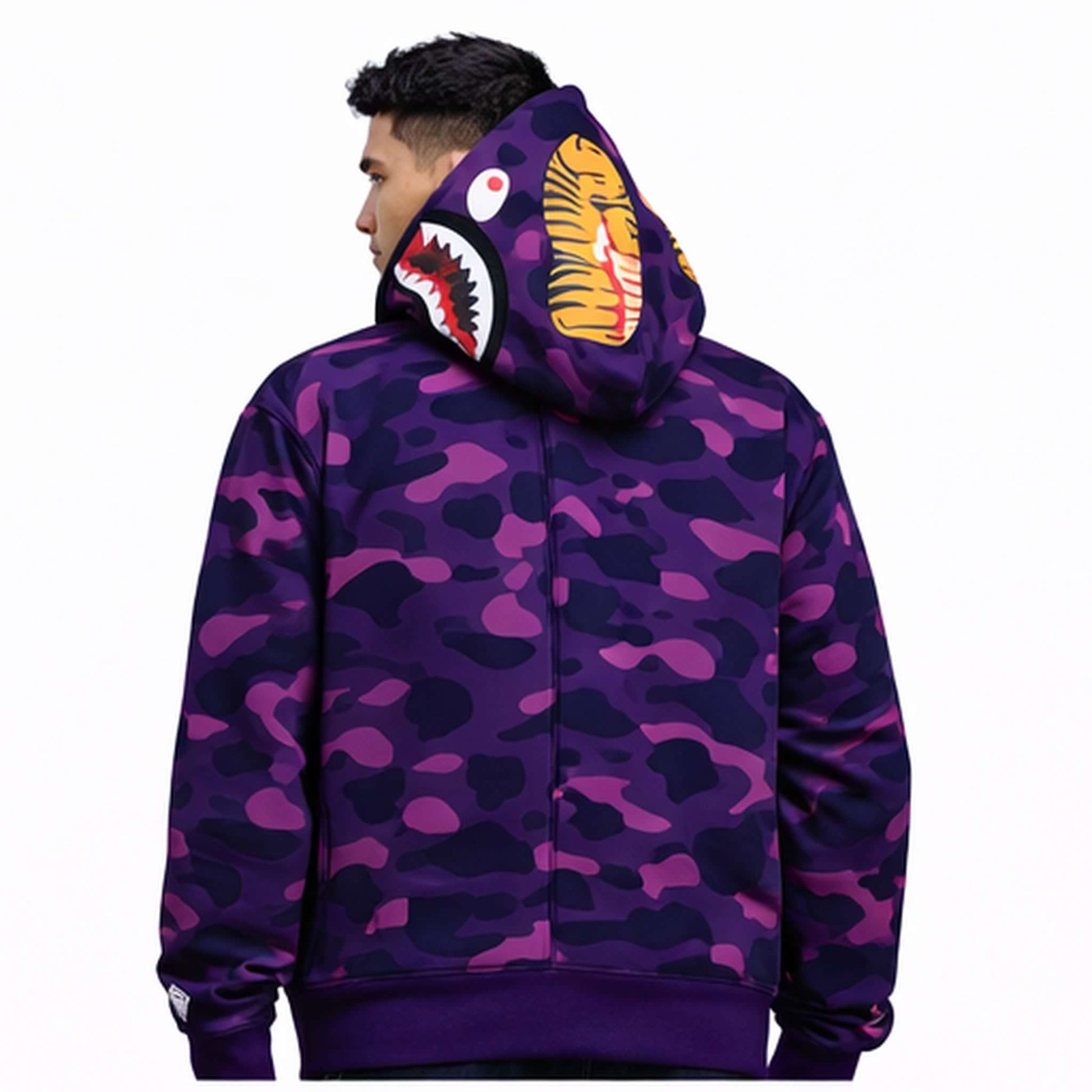 BAPE Shark Hoodie Collection – Camo Full Zip Double Hood Streetwear featuring bold purple camo design.