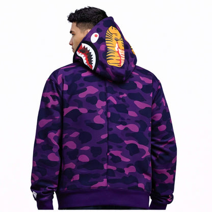 BAPE Shark Hoodie Collection – Camo Full Zip Double Hood Streetwear featuring bold purple camo design.