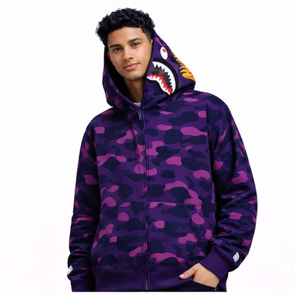 BAPE Shark Hoodie Collection – Camo Full Zip Double Hood Streetwear worn by a model showcasing bold urban style.