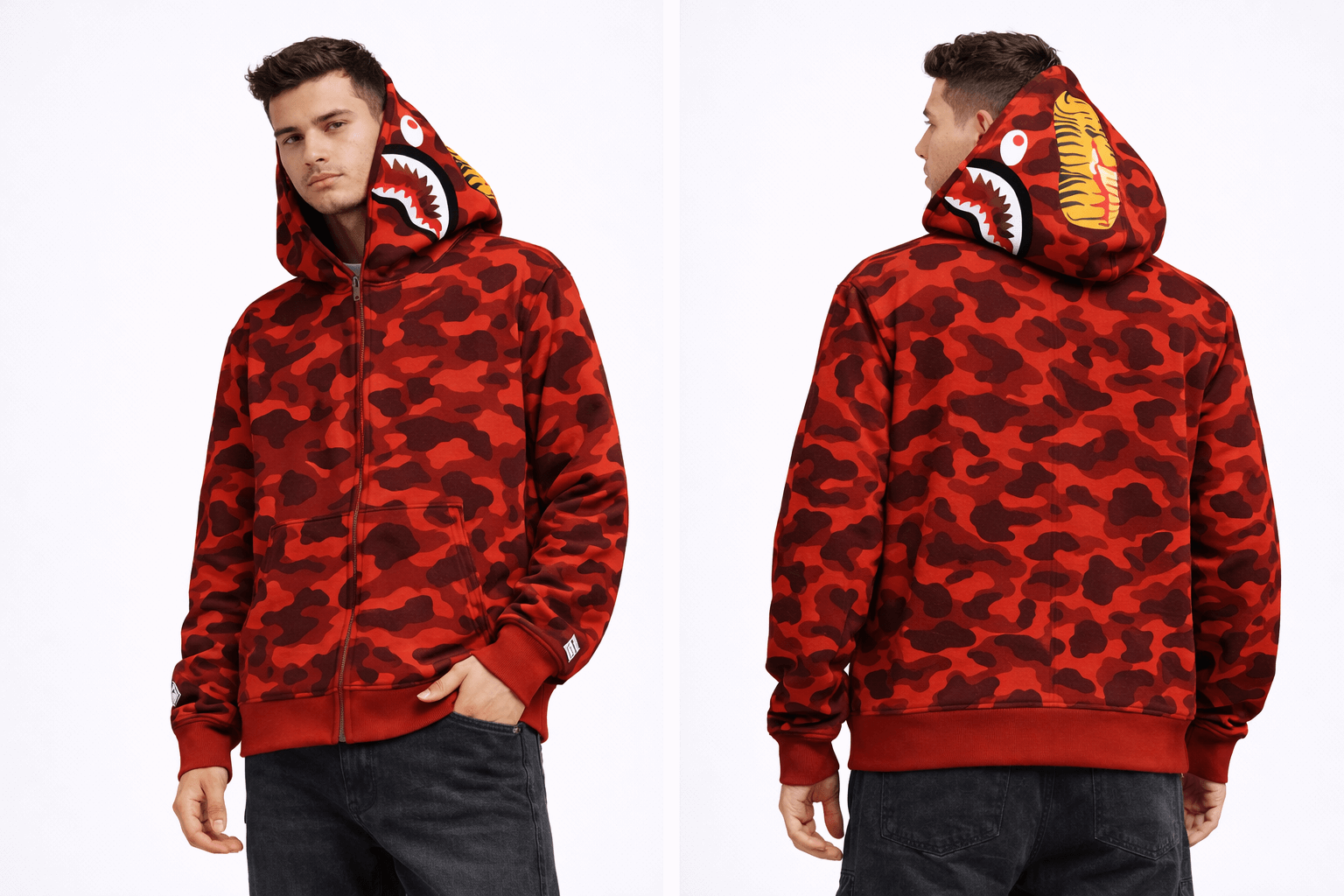 BAPE Shark Hoodie Collection – Camo Full Zip Double Hood Streetwear showcasing bold camo design and striking details.