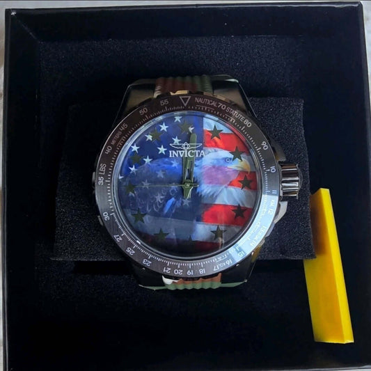 Invicta Aviator Freedom Flyer watch showcasing a bold design with American flag elements in a presentation box.