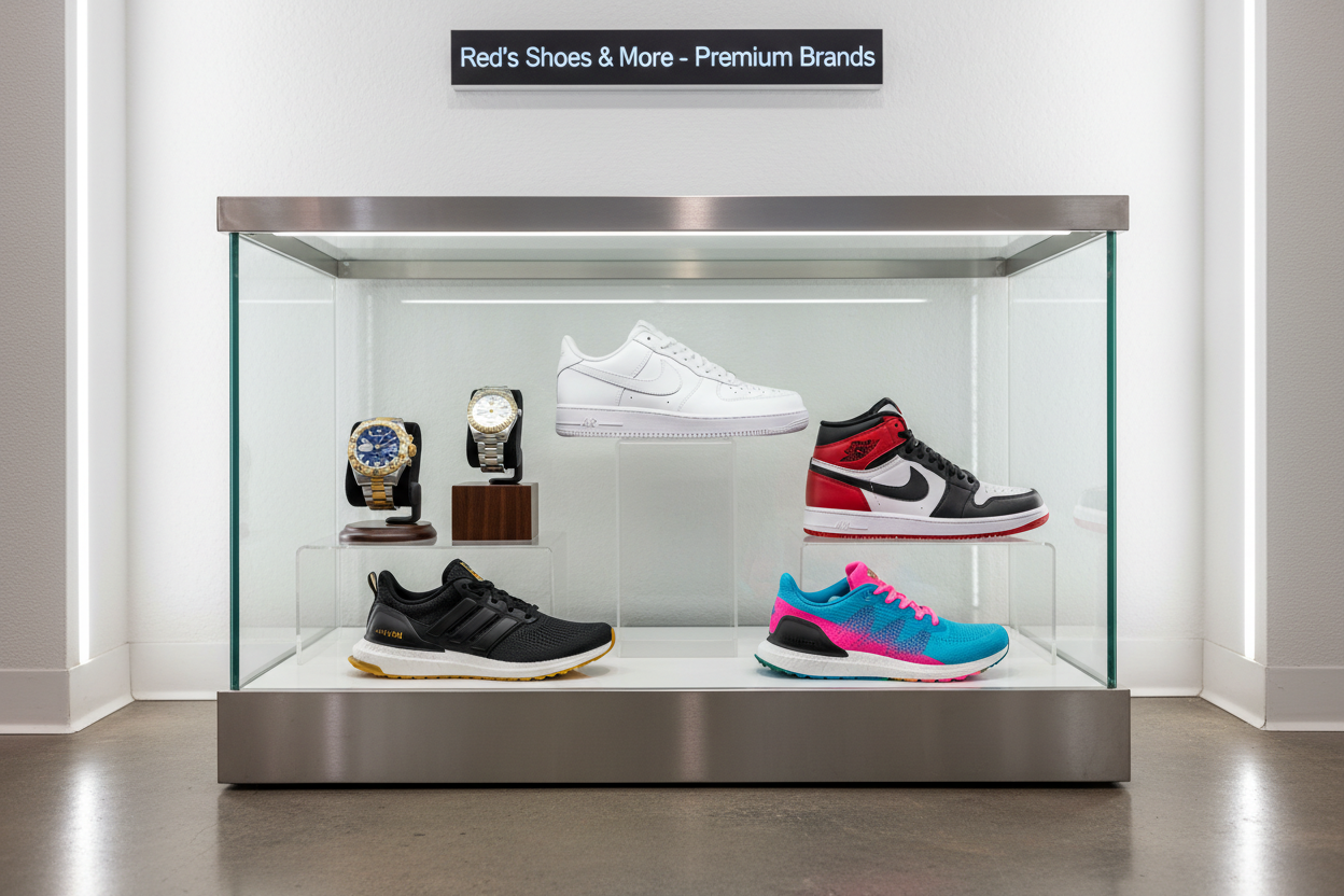 Make a photo for reds shoes and more include bramd like noke jordan addidas puma invicta rolex tag