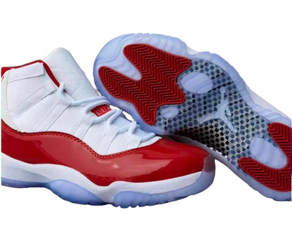 Air Jordan 11 “Win Like ’96” featuring a white upper and red patent leather detailing.