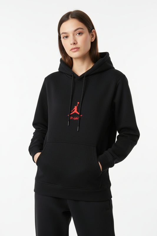 Off-White Style Wings Hoodie – Jordan Inspired Streetwear Pullover worn by a model in black with red graphic accents.