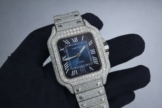 Iced Cartier Santos-Style Watch – Blue Dial | Moissanite Diamond Alternative