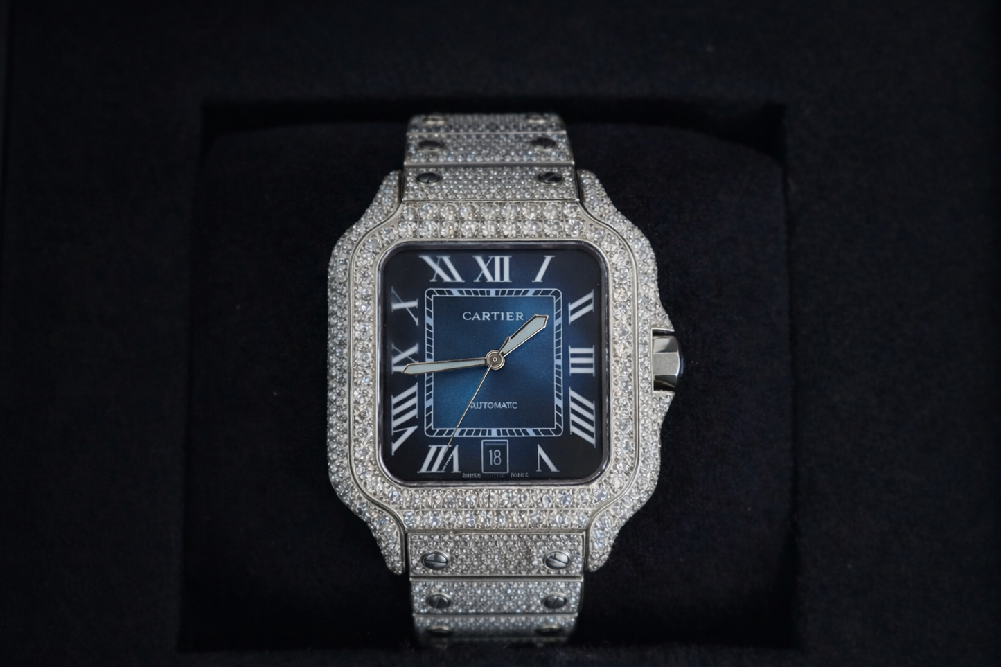 Iced Cartier Santos-Style Watch – Blue Dial | Moissanite Diamond Alternative