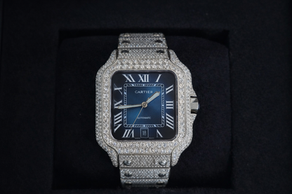 Iced Cartier Santos-Style Watch – Blue Dial | Moissanite Diamond Alternative
