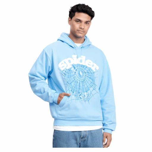 Sp5der Hoodie Collection – Graphic Streetwear Pullover Hoodies in light blue featuring bold spider web graphic design.